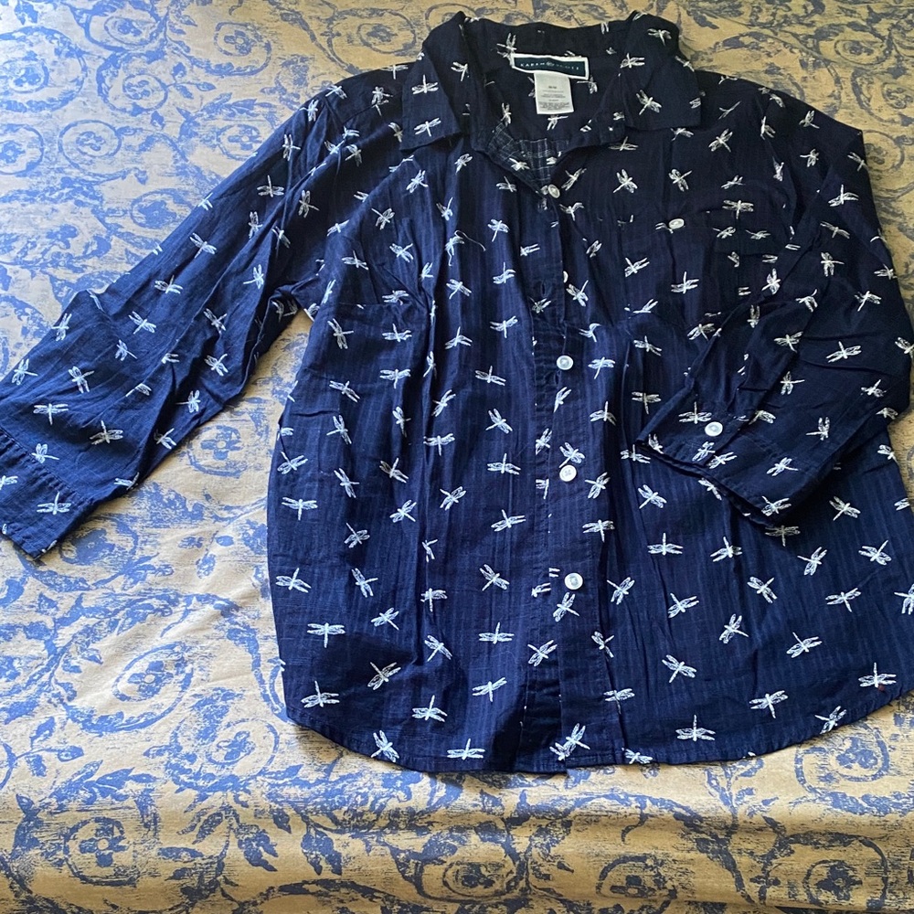 Karen Scott Dark Blue Dragonfly Print Shirt